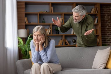 Üst düzey bir adam sinirli olgun bir kadına bağırıyor, koltukta oturuyor, ilişki problemlerini, stresi ve agresif etkileşimi resmediyor.