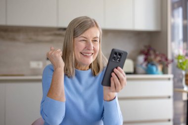 Mutlu son sınıf öğrencisi bir anlık başarı yaşıyor, neşeli bir ifadeyle akıllı telefon ekranına bakıyor ve modern mutfağındayken yumruğunu zaferle kaldırıyor.