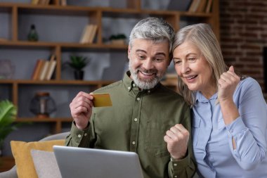 Üst düzey bir çift başarılı online alışverişleri kutluyor, dizüstü bilgisayara bakarken elinde heyecan ve mutlulukla altın bir kredi kartı tutuyorlar, dijital finans ve modern yaşam tarzını simgeliyorlar.
