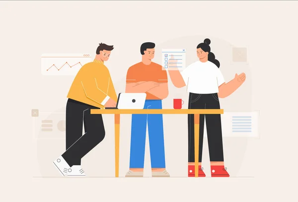 Zakelijke communicatie in modern kantoor met lijnpictogram. Teamwork in coworking ruimte. Kantoorworkflow man en vrouw medewerkers en teambuilding. Platte stijl vector illustratie. — Stockvector