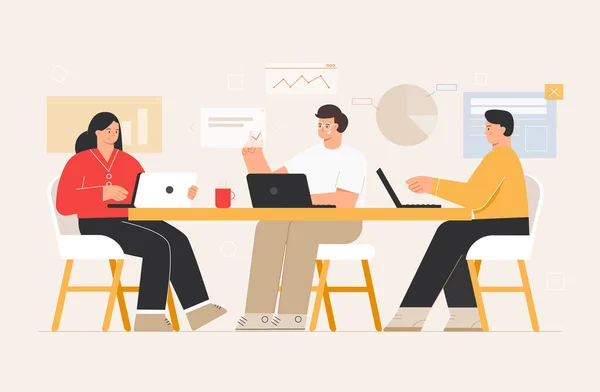 企业商业团队人们坐在现代办公室的办公桌前，有着扁平的图标。与男人和女人一起工作的空间与笔记本电脑。平面样式矢量图解. — 图库矢量图片