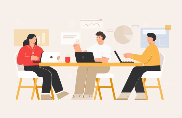 Equipo de Negocios Corporativos Personas sentadas en el escritorio en la oficina moderna con icono plano. Espacio de coworking con el hombre y la mujer con ordenador portátil. Ilustración de vector de estilo plano. — Archivo Imágenes Vectoriales