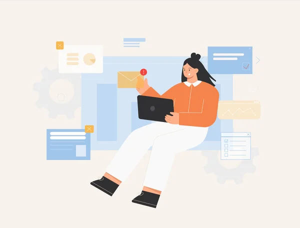 Ilustrações de conceito de negócios. Jovem sentada em um bloco infográfico e abre, lendo um e-mail. Ilustração vetorial de estilo plano. —  Vetores de Stock