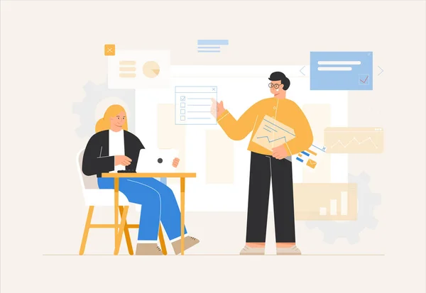 Concept van de kantoorworkflow. Business People man en vrouw voeren zakelijke discussies en analyseren van gegevens, grafieken, grafieken, presentaties, verzamelen van statistieken of het opstellen van een rapport. Vectorillustratie. — Stockvector