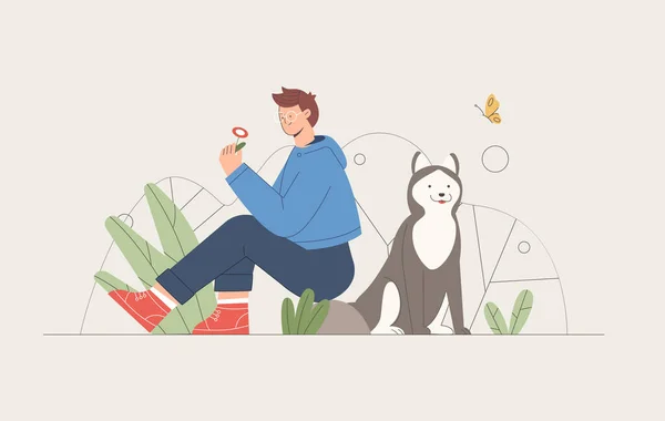Hombre paseando y sentado con perro mascota. Ilustración de vector de estilo de dibujos animados planos. — Vector de stock