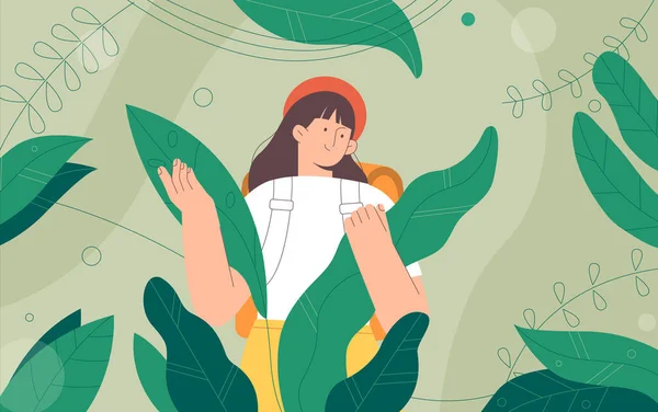 Exploradores, viajeros en la selva grandes hojas verdes. Mujer disfrutar de un pintoresco paisaje de plantas. Concepto de descubrimiento, exploración, senderismo, turismo de aventura y viajes. — Vector de stock