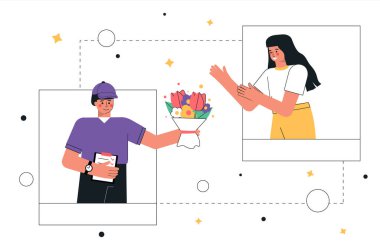Konsept online sipariş, çiçek teslimatı ve hediyeler. Kurye kadına bir buket çiçek teslim etti. Düz biçim vektör illüstrasyonu.