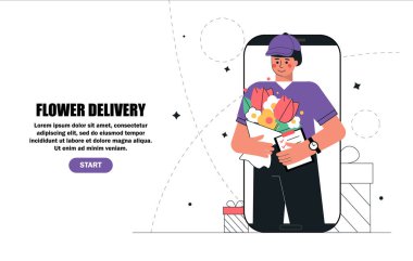 Teslimatçı, akıllı telefon ekranındaki kurye müşteri için çiçek buketi sipariş ediyor. İnternet sitesinden ya da uygulamadan çiçek ve hediye sipariş etme konsepti.