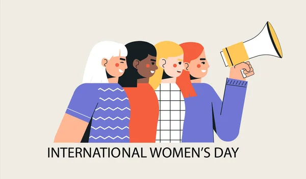 Dia Internacional da Mulher, 8 de Março. Um grupo de meninas e mulheres está em formação com um alto-falante comemorando o feriado. Ilustração vetorial moderna e moderna em um estilo plano em um fundo branco. — Vetor de Stock