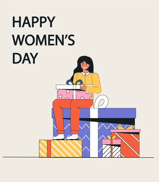 国際女性デー、 3月8日。女性は大きな贈り物に座っている。白の背景にフラットスタイルでトレンディでモダンなベクトルイラスト。バナー、グリーティングカードテンプレートに適しています — ストックベクタ