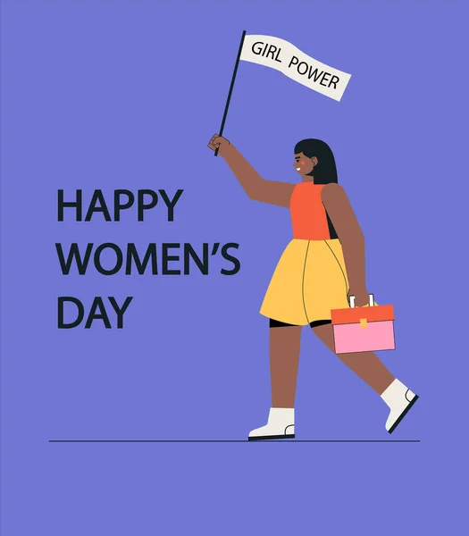 国際女性デー、 3月8日。テキストガールパワーでバッグやポスターを持つ女性。白を基調としたフラットスタイルのトレンディでモダンなベクトルイラスト. — ストックベクタ