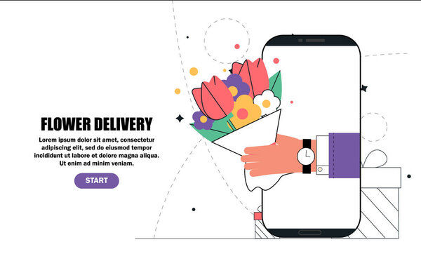 Hand holds flowers from the screen smartphone. Business concept of online ordering and flower delivery service gifts. It can be used as a banner, advertisement, promotional.