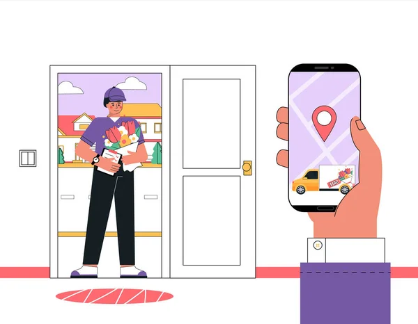 Kurye ya da kurye sipariş edilen çiçek buketini eve getirdi. İnternet sitesinden ya da uygulamadan çiçek ve hediye sipariş etme fikri. Düz biçim vektör illüstrasyonu.