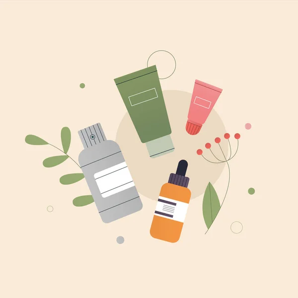 Het concept van organische natuurlijke cosmetica samenstelling. Buizen lotion, olie, room, scrub, serum in glas. Op de achtergrond van groene bladeren, planten, tropische bladeren. Platte stijl vector illustratie. — Stockvector