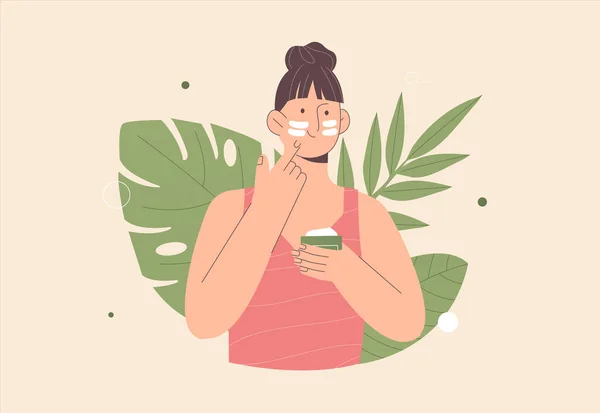 Concepto de cuidado de la piel. Linda mujer joven se aplica crema en la cara. El concepto de cosmética natural orgánica. Ilustración de vector de estilo plano. — Vector de stock