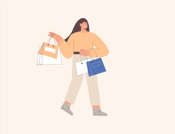 Mujer joven feliz con bolsa de compras, persona adicta a las compras alegre. Dibujos animados vector ilustración — Archivo Imágenes Vectoriales