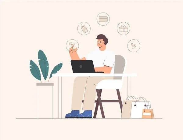 Jonge man zit aan tafel met een laptop en winkelen online, rond icoon: korting, verkoop, kaart voor betaling, naast boodschappentassen. Platte vector cartoon illustratie. — Stockvector