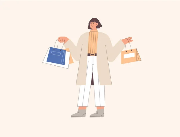 Mujer joven feliz con bolsa de compras, persona adicta a las compras alegre. Dibujos animados vector ilustración — Archivo Imágenes Vectoriales
