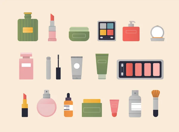 Begreppet ekologiska naturliga kosmetika sammansättning. Rör av lotion, olja, kräm, skrubb, serum i glas. Platt stil vektor illustration. — Stock vektor