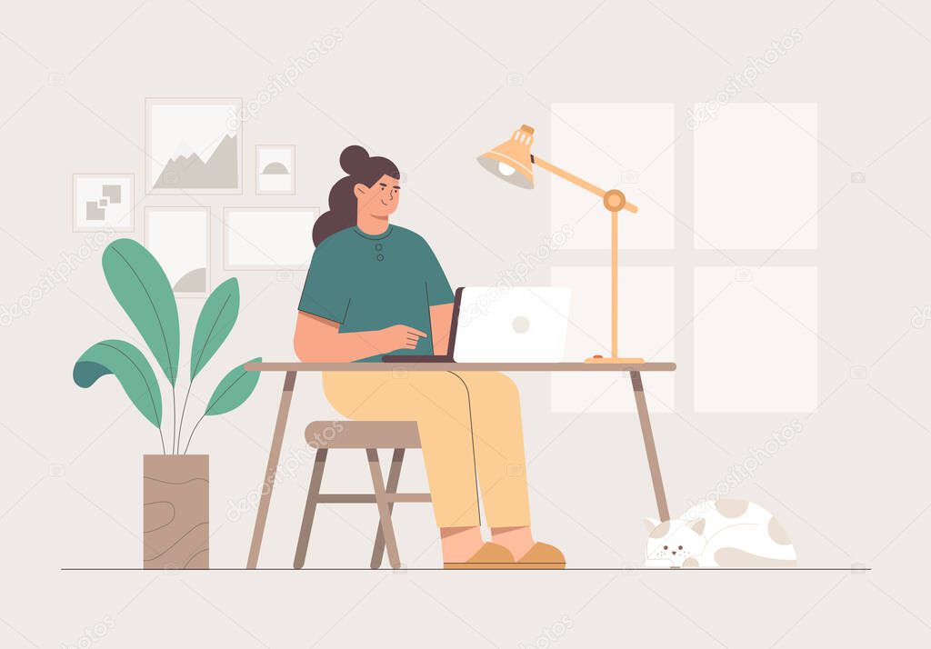 Home office concept, young freelancer woman working with laptop in cozy room - lamp, green flower in pot, cat. Female character work at home. Flat style cartoon vector illustration.