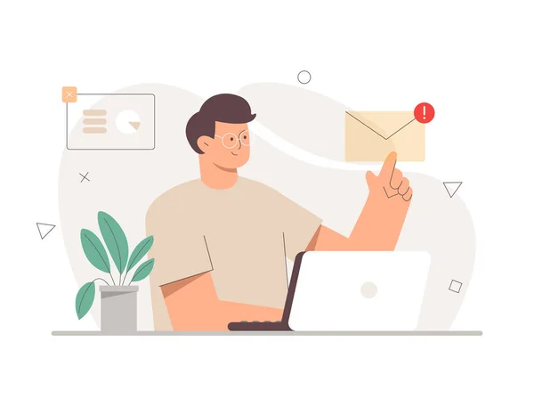 Genç erkek karakter ofis çalışanı dizüstü bilgisayarla çalışıyor ve parmağıyla bir e-posta açıyor. Arkaplanda grafikler, diyagramlar ve bilgi grafikleri için simgeler var. Düz vektör karikatür çizimi.