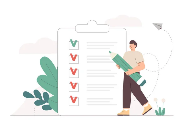Young man holding giant pencil looking at completed checklist on clipboard. The concept of successful completion of tasks, effective daily planning and time management. Flat style vector illustration. Stock Illustration