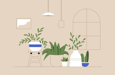 Kapalı alandaki bitkiler ve saksıdaki çiçekler. Kaktüsler, saksılarda bitkiler, saksılarda saksılar, sıcak odada tropikal yapraklar. Düz biçim vektör illüstrasyonu.