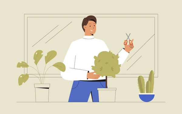 Un joven en el balcón está cultivando flores o plantas de interior verdes en una olla. El jardinero corta un árbol y poda la planta. Ilustración de vector de estilo plano. — Archivo Imágenes Vectoriales