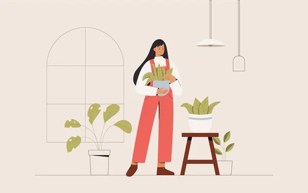 Young woman in cozy room holds pot with a plant in her hands. Concept of growing and caring house plants. Gardener takes care of the home garden. Vector illustration in a flat style. — Stock Vector