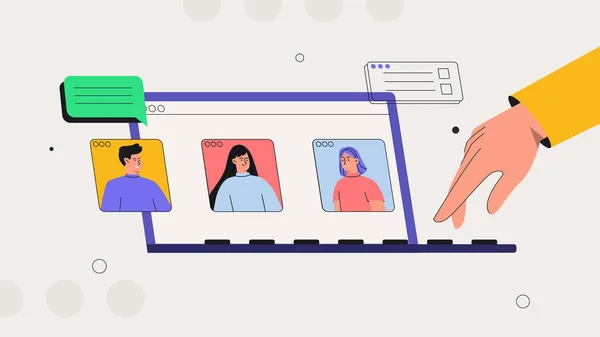 Çevrimiçi Tartışma ve İş Videosu Konferansı. Akış, internet sohbeti, online tanışma arkadaşları. Laptop ekranındaki insanlar iş arkadaşlarıyla birlikte. Sohbet için simgeler, e- postalar ve mesajlarla.