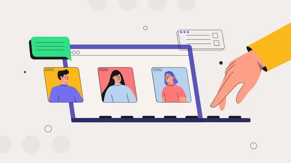 Online diskuze a koncepce Business Video Conference. Proud, chatování na webu, online setkání s přáteli. Lidé na obrazovce notebooku berou s kolegou. Pomocí ikon pro chat, e-maily a zprávy. — Stockový vektor