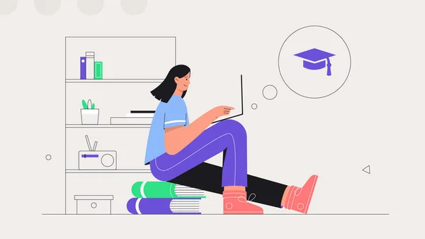 Studerande lär sig online hemma. Ung kvinna sitter på en hög med böcker och studier online på en bärbar dator. Platt stil vektor illustration. Begreppet distansutbildning. — Stock vektor