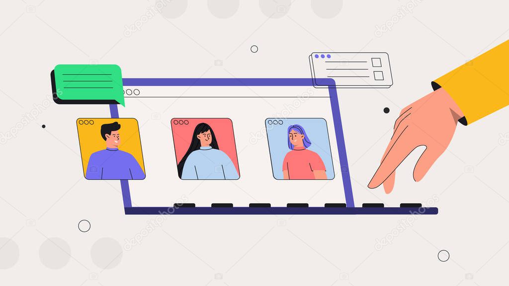 Online Discussion and Business Video Conference Concept. Stream, web chatting, online meeting friends. People on laptop screen taking with colleague. With icons for chat, emails, and messages.