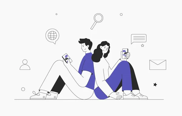 Sanal ilişkiler, konsept online randevu ve iletişim. Genç adam ve kadın telefon edip mesaj yazıyorlar. Sosyal ikonlar. Modern düz dış hat biçimi.
