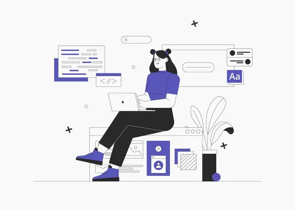 Mujer de negocios, gerente de smm, programador, sentarse en la infografía y trabajar en el ordenador portátil. Freelancer que trabaja en el desarrollo web y de aplicaciones en computadoras. Desarrolladores de software. Ilustración de vector de estilo plano. — Vector de stock