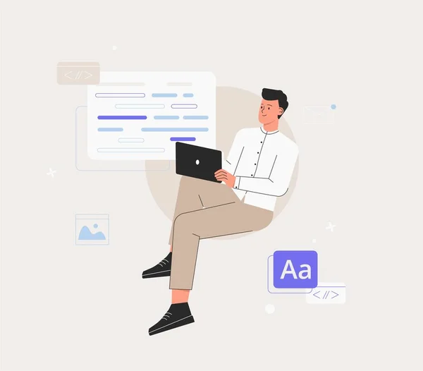 Man is working on ui ux design project. Programmer, sit on infographic and work on laptop. Freelancer working on web and application development on computers. Software developers. — Stock Vector