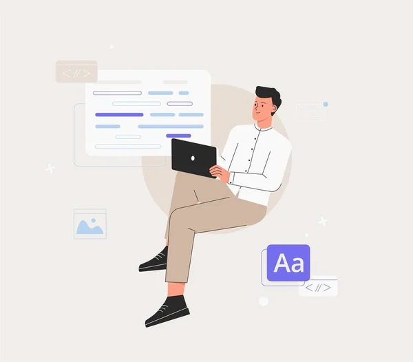 Homem está trabalhando no projeto de design ui ux. Programador, sente-se no infográfico e trabalhe no laptop. Freelancer trabalhando na web e desenvolvimento de aplicativos em computadores. Desenvolvedores de software. —  Vetores de Stock