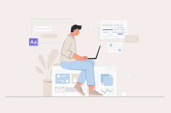 İş adamı, smm yöneticisi, programcı, bilgi üzerine otur ve dizüstü bilgisayarda çalış. İnternet üzerinde çalışan serbest çalışan ve bilgisayarlarda uygulama geliştiren biri. Yazılım geliştiricileri. Düz biçim vektör illüstrasyonu.