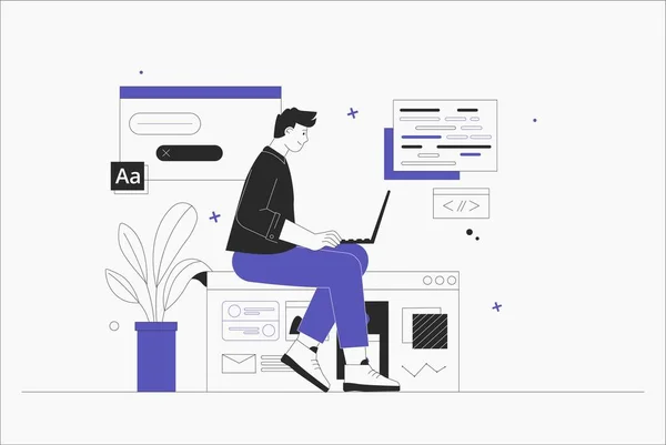 Hombre de negocios, gerente de smm, programador, sentarse en la infografía y trabajar en el ordenador portátil. Freelancer que trabaja en el desarrollo web y de aplicaciones en computadoras. Desarrolladores de software. Ilustración de vector de estilo plano. — Archivo Imágenes Vectoriales