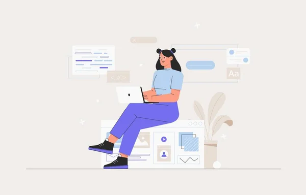 Mujer de negocios, gerente de smm, programador, sentarse en la infografía y trabajar en el ordenador portátil. Freelancer que trabaja en el desarrollo web y de aplicaciones en computadoras. Desarrolladores de software. Ilustración de vector de estilo plano. — Archivo Imágenes Vectoriales