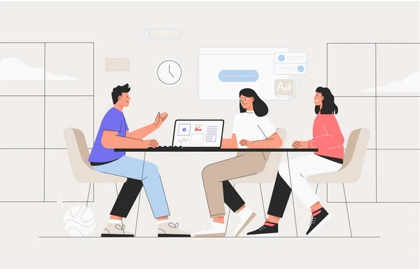 Cowerkruimte met zakenmensen aan tafel. Ze analyseren grafieken en rapporten. Vector illustratie voor co-working, teamwork, werkruimte concept. Team dat aan het project werkt. — Stockvector