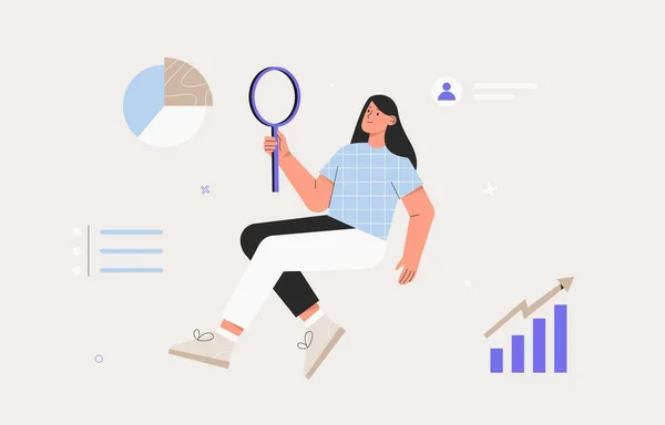 Genç kadın elinde bir büyüteç tutuyor ve ekonomik istatistik, diyagram ve bilgi grafiklerini analiz ediyor. Düz biçim vektör illüstrasyonu.