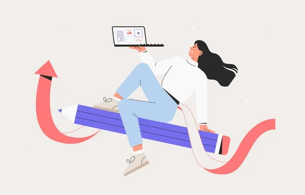 Mujer de negocios vuela en un lápiz y sostiene una computadora portátil. Educación conceptual, diseño para blogueros, periodistas, entrevistadores, redactores. Ilustración de vector de estilo plano. — Vector de stock