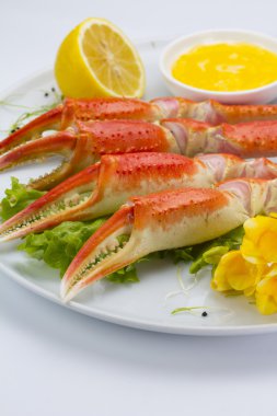 Haşlama yengeç pençeleri sos ve beyaz arka plan üzerinde bir tabakta limon ile