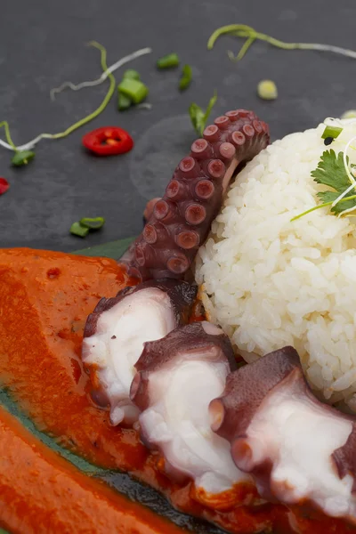 Rijst met octopus en curry saus — Stockfoto