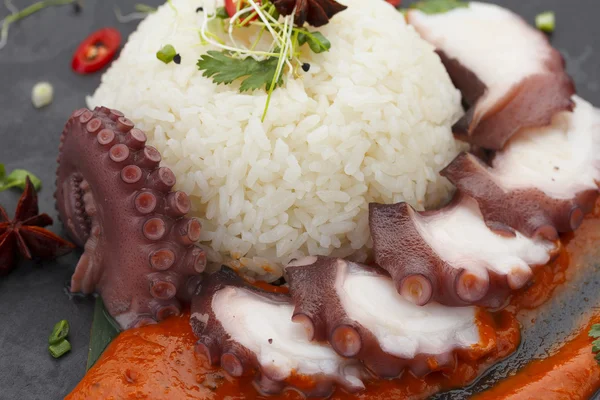 Рис с осьминогом и соусом карри — стоковое фото