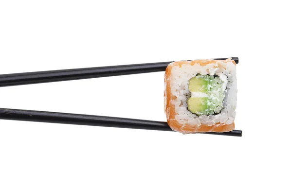 Sushi Nigiri in Essstäbchen isoliert auf weißem Hintergrund — Stockfoto