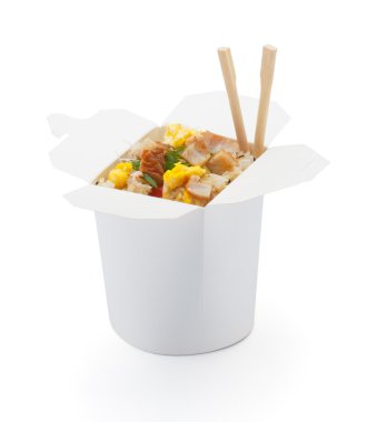 Teriyaki beyaz arka plan üzerinde izole kutusunda Japon pirinç ile