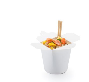 Teriyaki beyaz arka plan üzerinde izole kutusunda Japon pirinç ile