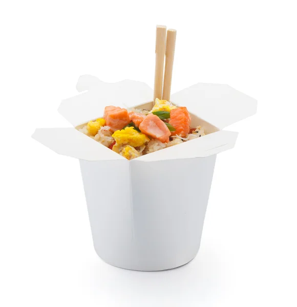 Teriyaki com arroz japonês em caixa isolada sobre fundo branco — Fotografia de Stock